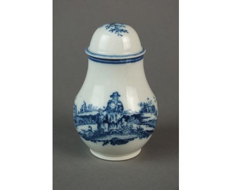 A Caughley dry mustard pot transfer-printed in the Travellers pattern, circa 1778-85, S mark, 9cm high (chip to rim)Provenanc