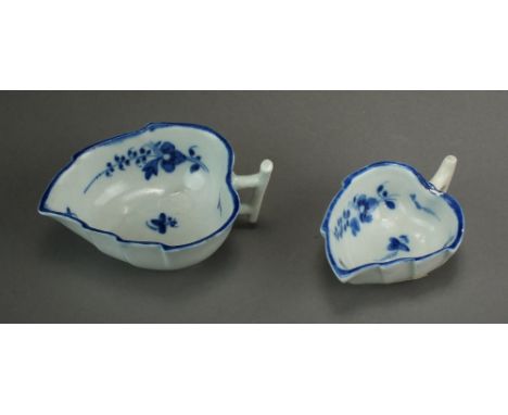 Two Caughley butter boats painted with the Chantilly Sprigs pattern, circa 1785-95, unmarked, 8.7cm long and 7cm long (one ha