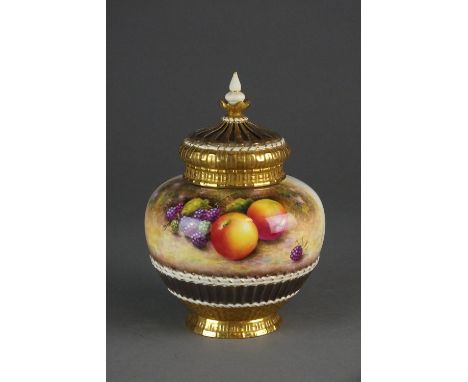 A Royal Worcester fruit-painted pot pourri jar and cover painted by Leaman, signed, shape 1286, signed, printed factory mark 