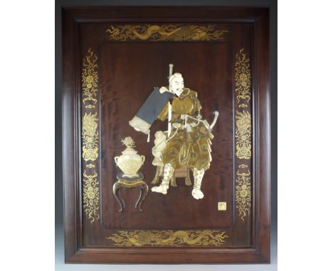 A very good Japanese inlaid and lacquered rosewood panel by Mitsuaki, Meiji period, of rectangular form and inlaid with ivory