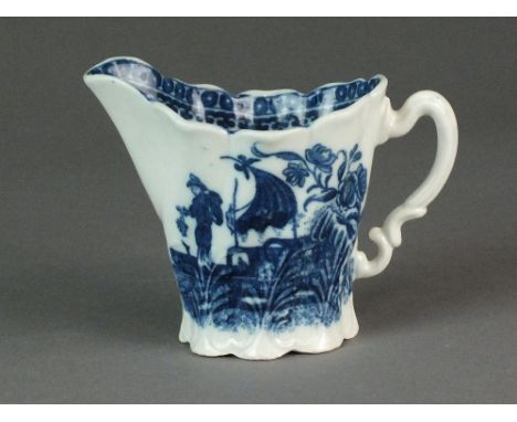 A Caughley tall Chelsea ewer transfer-printed with the Fisherman or Pleasure Boat pattern, circa 1782-1790, S mark, 9cm highP