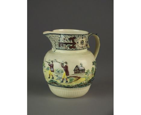 A Leeds creamware hunting jug, late 18th/early 19th century decorated in relief with figures, impressed Leeds Pottery, 14cm h