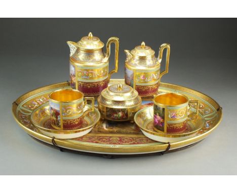 A Vienna porcelain cabaret coffee service painted with Greek Classical scenes, each piece individually tited, 19th century, c