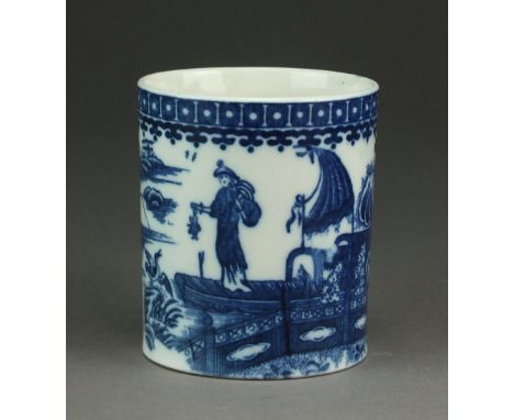 A Caughley mug, circa 1780-90, transfer-printed in underglaze blue with the Pleasure Boat pattern, S mark, 8.3cm high (faint 