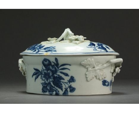 A Caughley oval butter dish and cover transfer-printed in the Pine Cone and Three Flowers patterns, circa 1777-82, unmarked, 