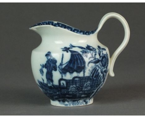 A Caughley helmet form milk jug, circa 1785-94, transfer-printed in underglaze blue with the Fisherman or Pleasure Boat patte