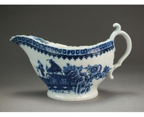 A half-fluted Caughley sauce boat transfer-printed with the Fisherman or Pleasure Boat pattern, circa 1782-90, unmarked, 10.8