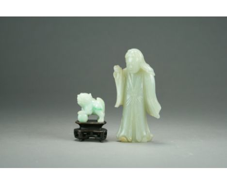 A Chinese celadon jade figure of Guanyin, late Qing/Republic period, modelled standing, 12cm high, together with a jadeite do