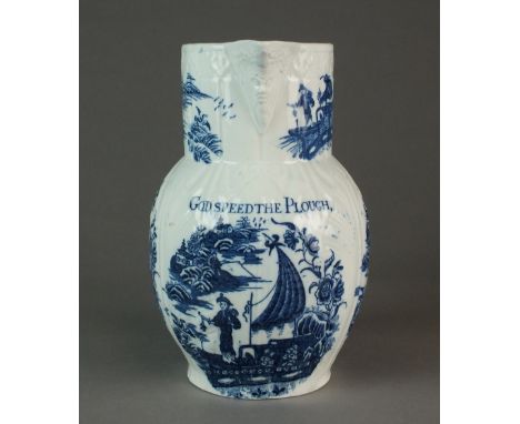 A Caughley mask-head jug printed in the Fisherman or Pleasure Boat pattern, inscribed 'God Speed the Plough', circa 1780-1790