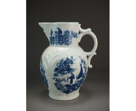A large Caughley mask head jug transfer-printed in the Fisherman or Pleasure Boat pattern, circa 1783-93, Sx mark, 31.25cm hi