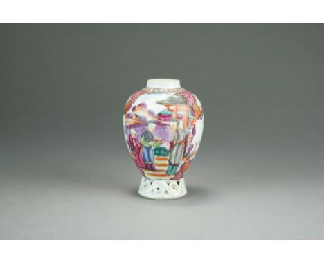 A Chinese famille rose porcelain tea caddy, Qianlong, of ovoid form raised on a scroll moulded foot, painted in colours with 