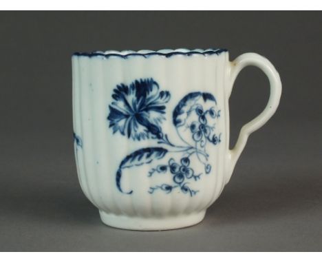 A rare Caughley coffee cup painted with the Gillyflower 1 pattern, circa 1775-80, with straight 24-reeded body, associated bl