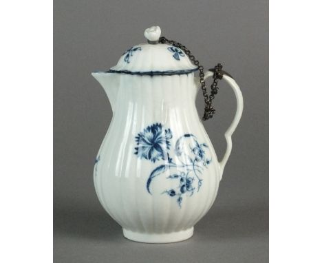 A rare reeded Caughley milk jug and cover painted in the Gillyflower I pattern, with 24 flutes and a double indented ear shap