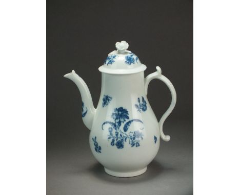 A Caughley coffee pot and cover transfer-printed with the Gillyflower 5 pattern, circa 1773-78, C mark, 20.4cm high (cover ch