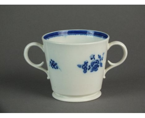 A Caughley twin handled Caudle-style cup painted the Salopian Sprig pattern, circa 1785-92, painted S mark, 8cm highProvenanc