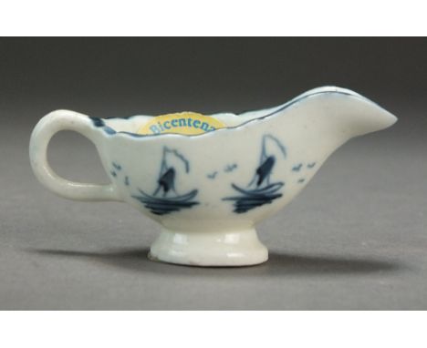A Caughley toy sauceboat painted in underglaze blue with the Island pattern, circa 1780-90, 5.8cm wideProvenance: Wright Coll
