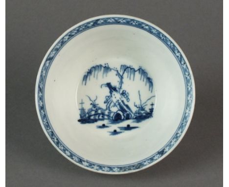 A deep Caughley bowl painted with the very rare Rock and Willow pattern, possibly a tart pan, circa 1778-85, C mark, 9.8cm di