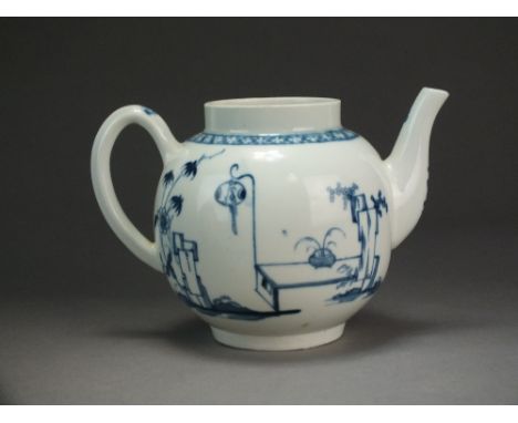 A Caughley teapot painted with the very rare Bird in the Ring pattern, lacking cover, circa 1776-79, S mark, 10.7cm highProve