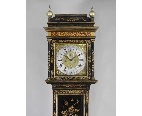 An 18th century black Japanned eight day longcase clock, the 12 inch square brass dial signed to the chapter ring, Joseph Dav