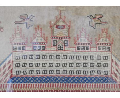 A Victorian sampler, circa 1870, depicting a country house with birds and insects above within a band of stylised flowers and