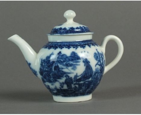 A Caughley toy teapot and cover transfer-printed in the Fisherman or Pleasure Boat pattern, circa 1780-90, unmarked, 7.3cm hi
