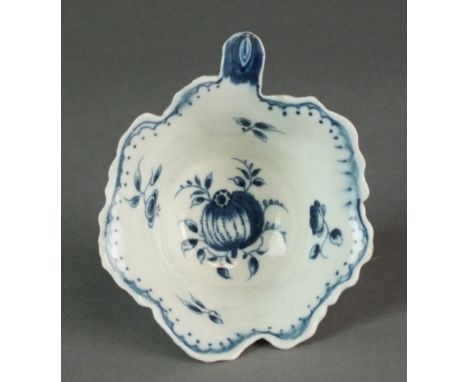 A rare Caughley leaf dish butter boat painted in the Gooseberry pattern, circa 1776-80, S mark, 8.2cm wide and 7.5cm highProv