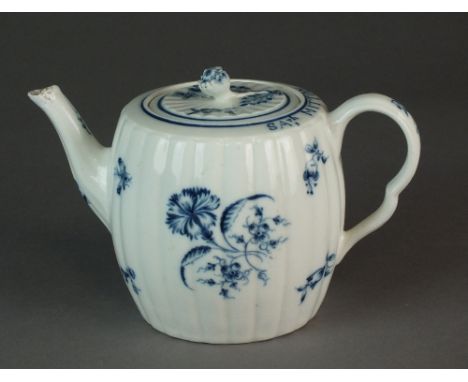 A Caughley teapot and cover painted with the Gillyflower I pattern, circa 1776-80, inscribed 'Sar'h MITTON', of fluted barrel