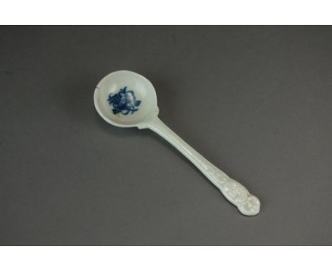 A Caughley mustard spoon transfer-printed with a single floral sprig to the bowl and with delicate relief-work moulding to th
