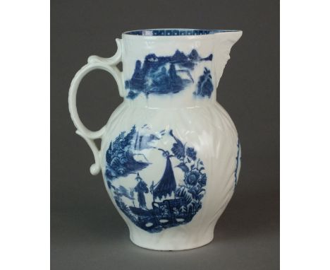 A Caughley mask-head baluster jug, circa 1783-91, transfer-printed in underglaze blue with the Fisherman or Pleasure boat pat