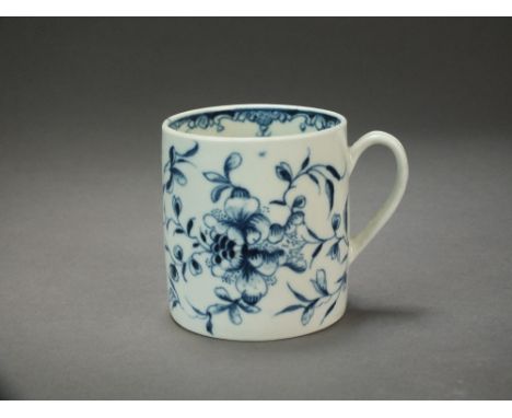 A rare and early Caughley coffee can painted with the Mansfield pattern, circa 1776-79, associated border to inside rim, pot-