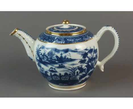 A Caughley teapot and cover, circa 1784-90, transfer-printed in underglaze blue with the Fence and House pattern with additio