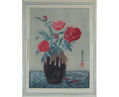Yoshijiro Urushibara (1888-1953), a woodblock print entitled 'Small Peonies', signed in pencil lower right, 29x22cm.