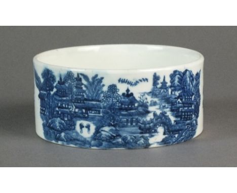 A circular Caughley pot transfer-printed with the Full Nankin pattern, circa 1783-92, S mark, 10.8cm diameterProvenance: Wrig