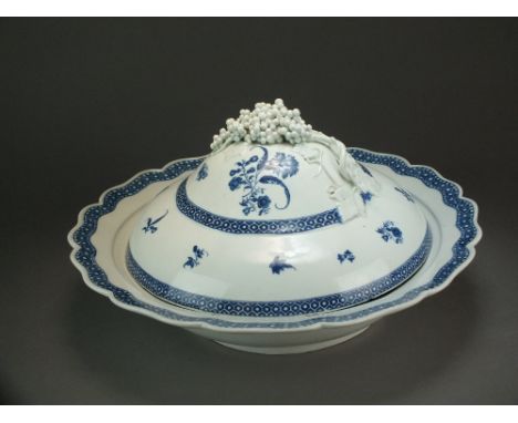 A very rare large Caughley tureen and cover printed in the Gillyflower 5 pattern, circa 1780-85, C mark, 37cm diameter (cover