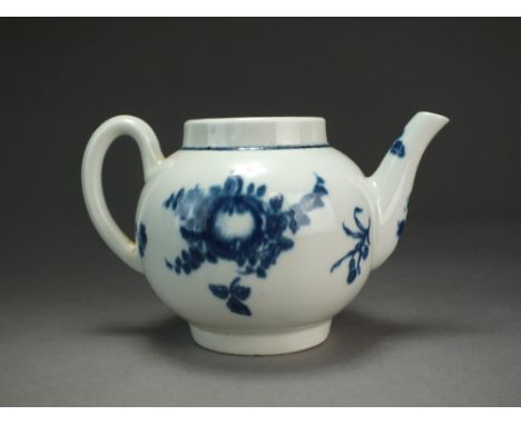 A Caughley teapot transfer-printed with the early version of the Fruit pattern, lacking cover, circa 1776-79, S mark, 8.7cm h