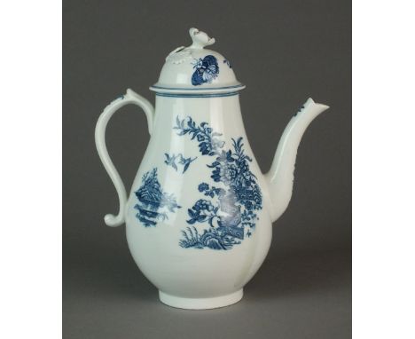 A Caughley coffee pot and cover, circa 1777-90, transfer-printed in underglaze blue with the Fence pattern, the cover with th