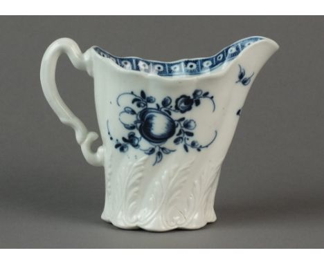 A Caughley tall Chelsea ewer painted with a rare Fruit Sprays pattern, circa 1776-80, C mark, 9.4cm high (a.f, glued together