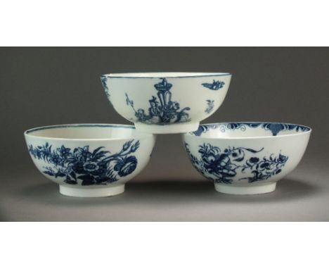 Three Caughley slop bowls transfer-printed with the Bell Toy and Mansfield patterns, and a full version of the early Three Fl