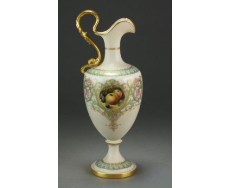 A Royal Worcester ewer painted with a central circular panel of fruits within a pale enamel and magnolia ground, the panel si