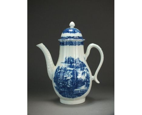 A Caughley coffee pot and cover transfer-printed with the Pagoda pattern, circa 1784-91, unmarked, 25.5cm high (crack to body