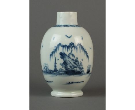 A rare and early Caughley tea canister painted in the Rock Willow pattern, lacking cover, circa 1776-78, with a supplementary