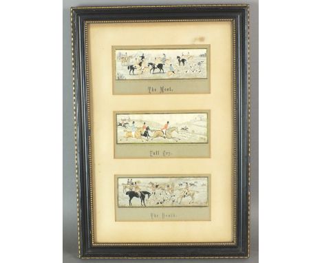 British school, early 20th century A set of three stevengraphs depicting fox hunting contained in one frame, each approximate