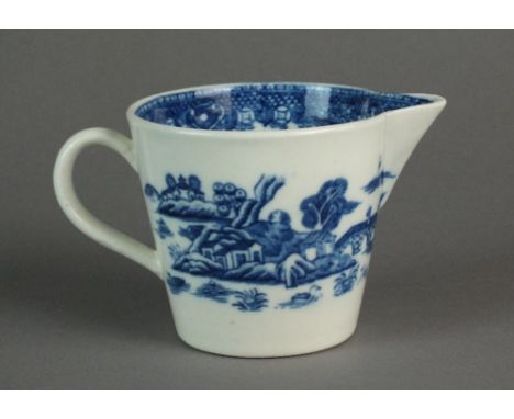 A Caughley milk jug printed in the rare Striped Temple pattern, circa 1785-93, of bucket-shape with a plain loop handle, an a