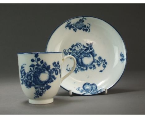 A Caughley coffee cup and saucer transfer-printed in the Apple and Damson pattern, circa 1778-85, unmarked, cup 6.7cm high an