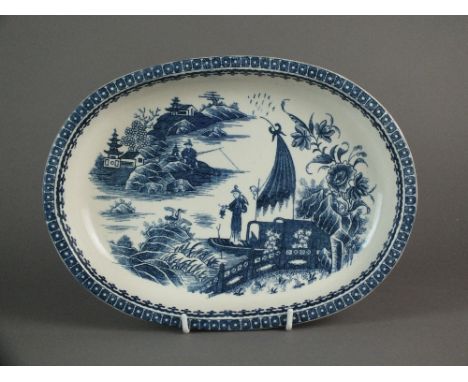 A Caughley oval baking dish transfer-printed with the Pleasure Boat or Fisherman pattern, circa 1780-90, unmarked, 26.7cm wid