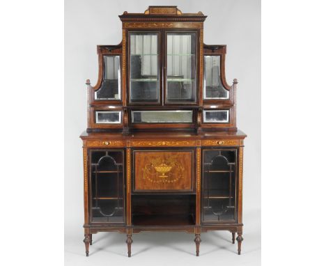 An early 20th century mahogany marquetry and ivorine strung breakfront side cabinet by Edwards and Roberts, the top with glaz