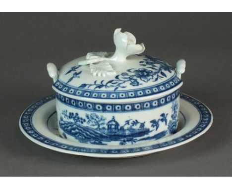A Caughley butter pot, stand and cover, transfer-printed in the Fence pattern, circa 1778-88,  the cover with elaborate relie