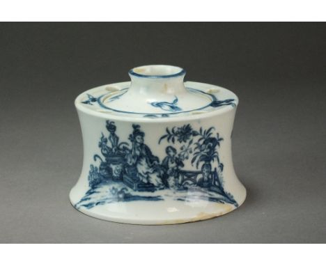 A very rare Caughley inkwell and liner transfer-printed in the Bell Toy pattern, circa 1777-88, unmarked, 7.3cm high (chipped