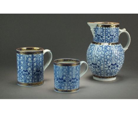 A Caughley mug painted in the Royal Lily pattern with added gilt, circa 1786-94, S mark, 10.1cm high (foot rim chip), with a 