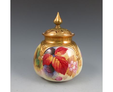 A Royal Worcester quarter lobed pot pourri jar and cover, with embossed gilded shoulders and pierced and gilded lid, the body